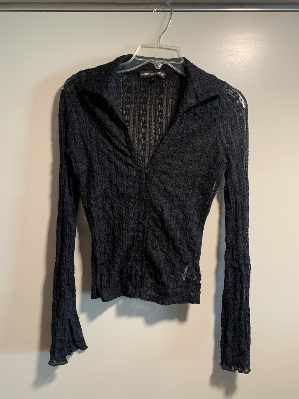 Almost Famous Large Sheer Lace Button-Front Summer Top Y2K glam trendy top